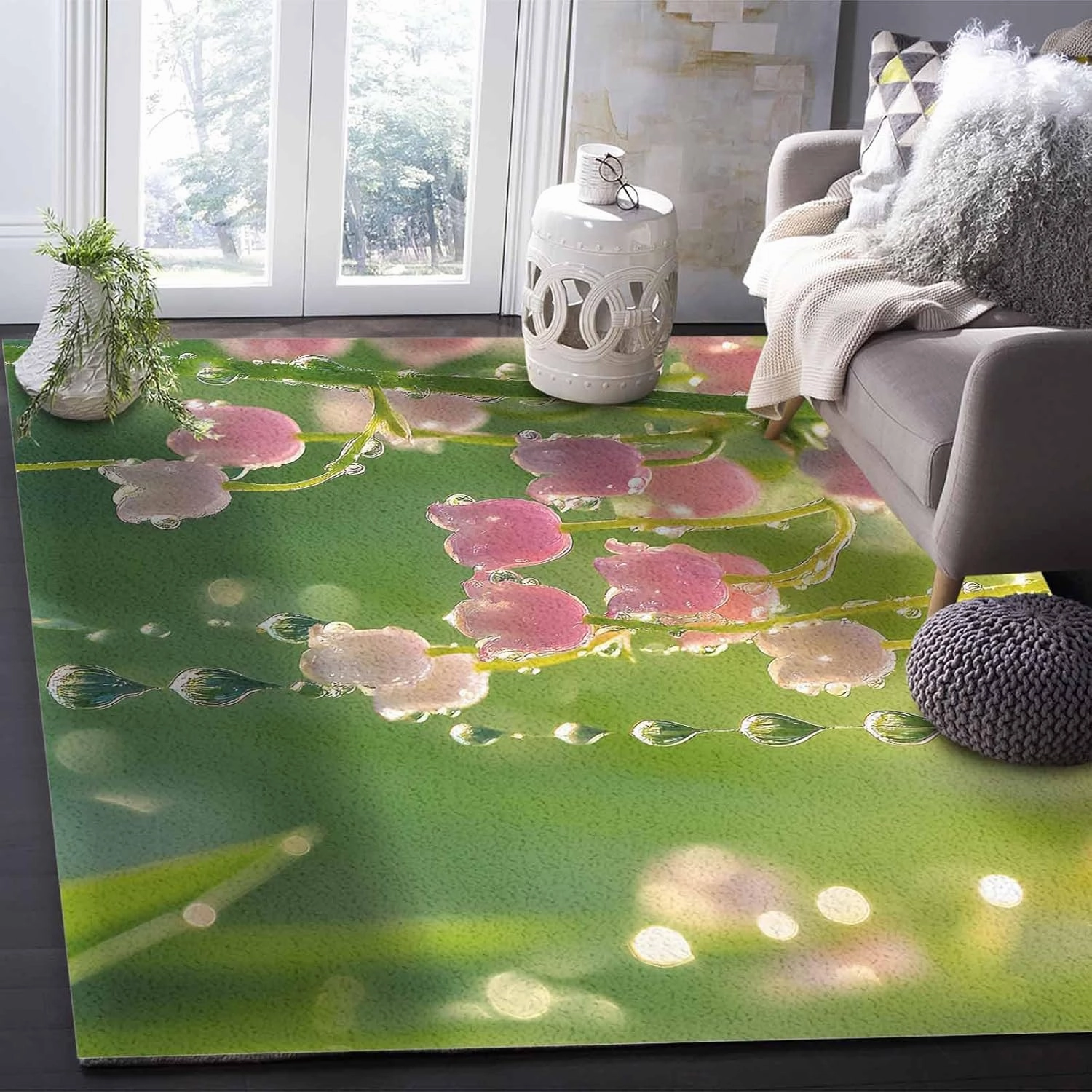 Spring Dewdrop 5x7ft Large Area Rugs for Living Room, Lily of The Valley Collection Area Runner Rugs Non Slip Bedroom Carpets Hallways Rug, Outdoor Indoor Nursery Rugs Décor