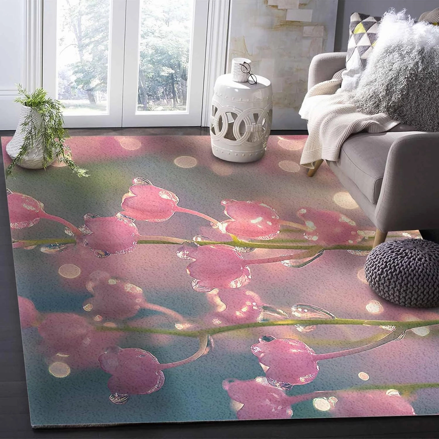 Spring Flower Dewdrop 5x7ft Large Area Rugs for Living Room, Lily of The Valley Collection Area Runner Rugs Non Slip Bedroom Carpets Hallways Rug, Outdoor Indoor Nursery Rugs Décor