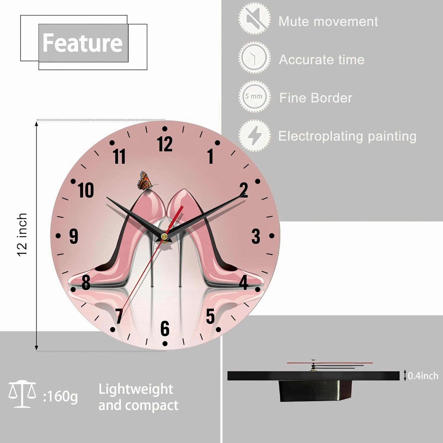 SPUNKER Clock for Bedroom,Pink High Heel Shoes Wall Clocks,Butterfly Battery Operated Wall Clock Silent Non-Ticking Decorative for Home Kitchen Bathroom Living Room Bedroom Office 10 Inch