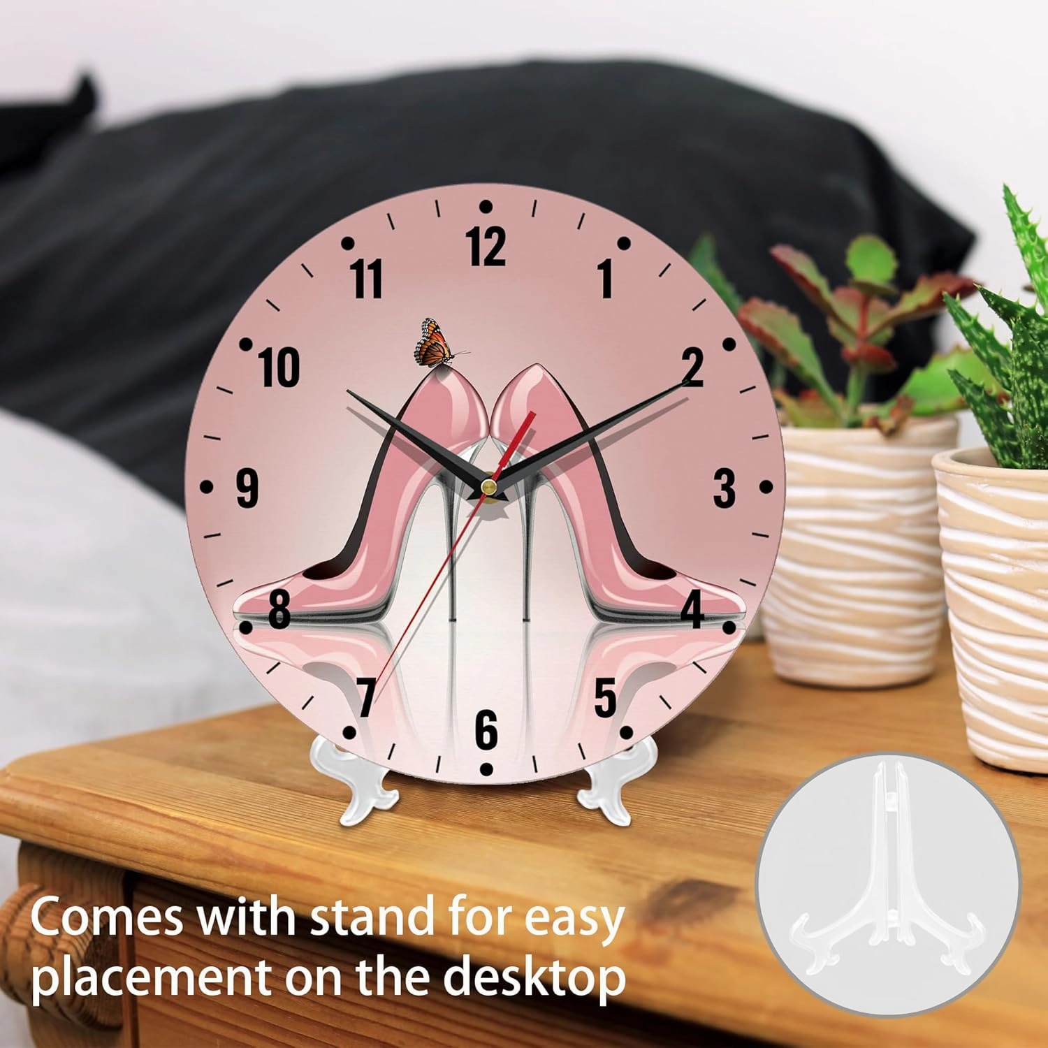 SPUNKER Clock for Bedroom,Pink High Heel Shoes Wall Clocks,Butterfly Battery Operated Wall Clock Silent Non-Ticking Decorative for Home Kitchen Bathroom Living Room Bedroom Office 10 Inch