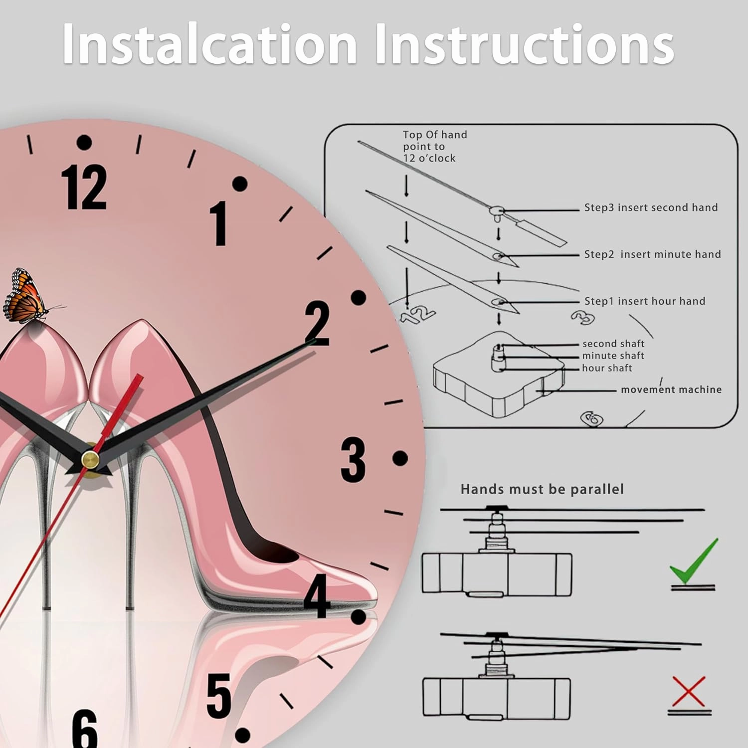 SPUNKER Clock for Bedroom,Pink High Heel Shoes Wall Clocks,Butterfly Battery Operated Wall Clock Silent Non-Ticking Decorative for Home Kitchen Bathroom Living Room Bedroom Office 10 Inch