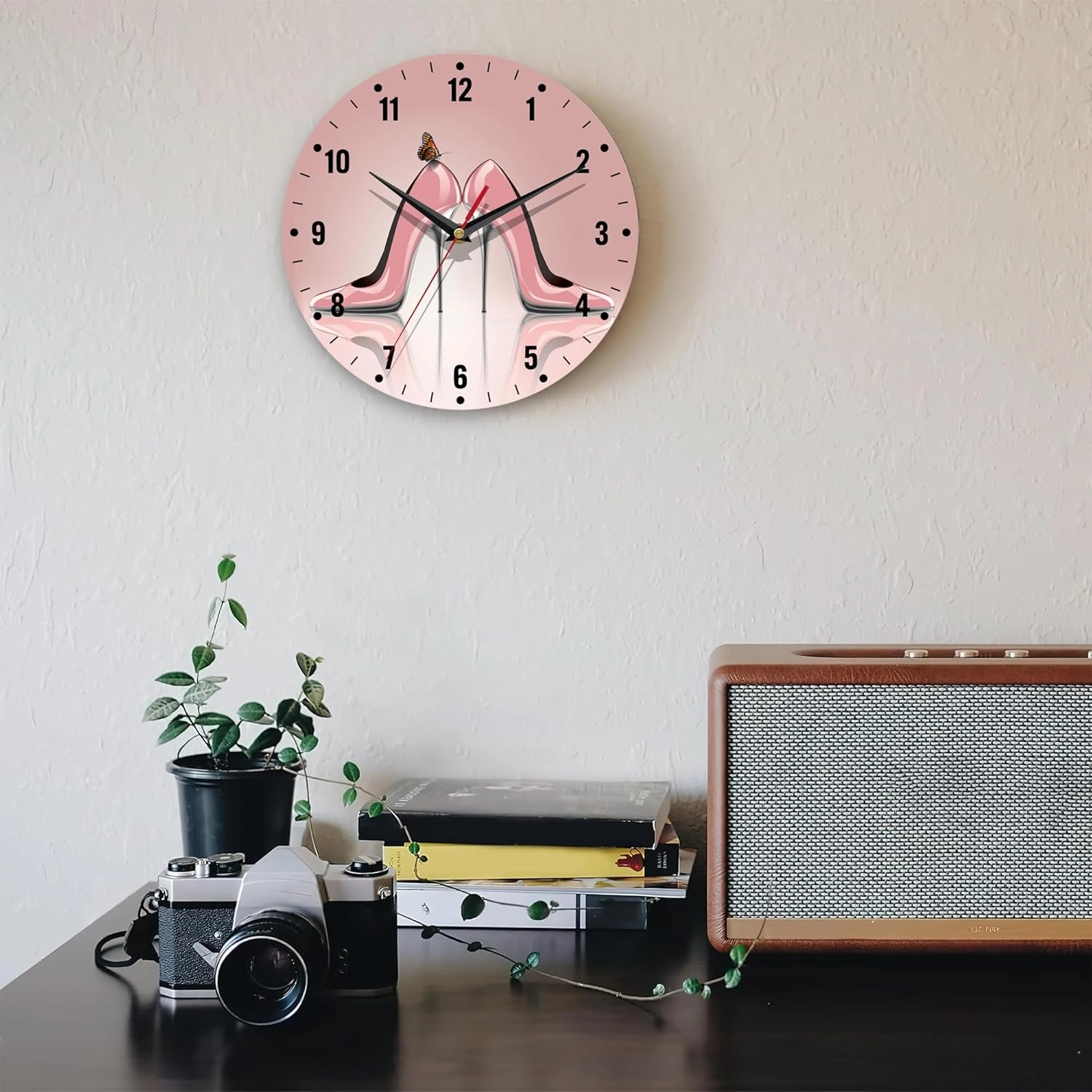 SPUNKER Clock for Bedroom,Pink High Heel Shoes Wall Clocks,Butterfly Battery Operated Wall Clock Silent Non-Ticking Decorative for Home Kitchen Bathroom Living Room Bedroom Office 10 Inch