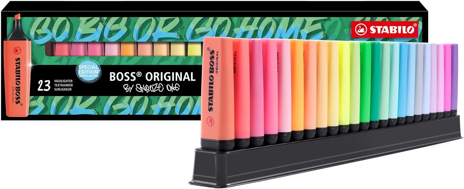 STABILO BOSS ORIGINAL - 23pc Highlighter Set - Chiseled Tip (2mm, 5mm) - Anti-Dry Out Technology - Multicolour (9 Fluorescent, 14 Pastel) - Rainbow Theme - For Reading