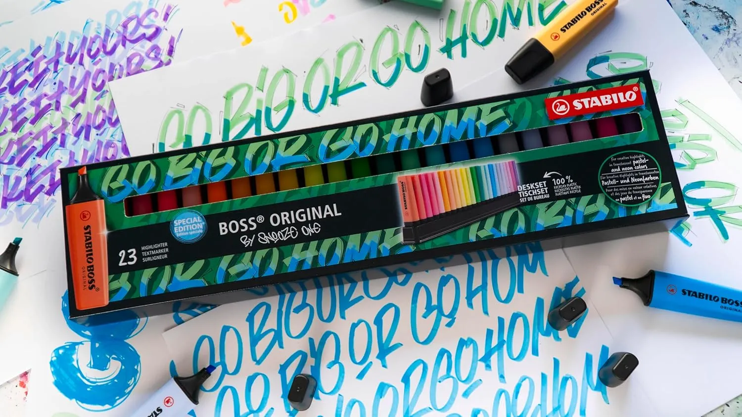 STABILO BOSS ORIGINAL - 23pc Highlighter Set - Chiseled Tip (2mm, 5mm) - Anti-Dry Out Technology - Multicolour (9 Fluorescent, 14 Pastel) - Rainbow Theme - For Reading