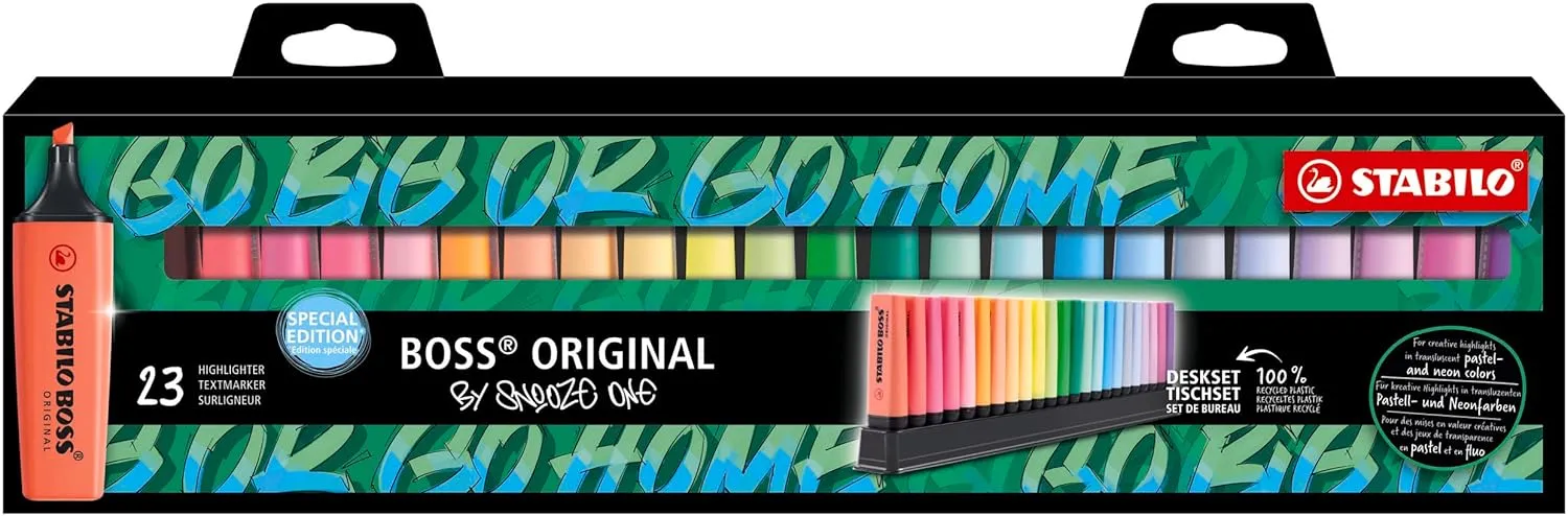 STABILO BOSS ORIGINAL - 23pc Highlighter Set - Chiseled Tip (2mm, 5mm) - Anti-Dry Out Technology - Multicolour (9 Fluorescent, 14 Pastel) - Rainbow Theme - For Reading
