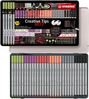 STABILO Multi-Tip Pen Set Creative Tips - 30 Piece ARTY Metal Tin Set - 6 Pastel Colors - Technical drawing, illustration