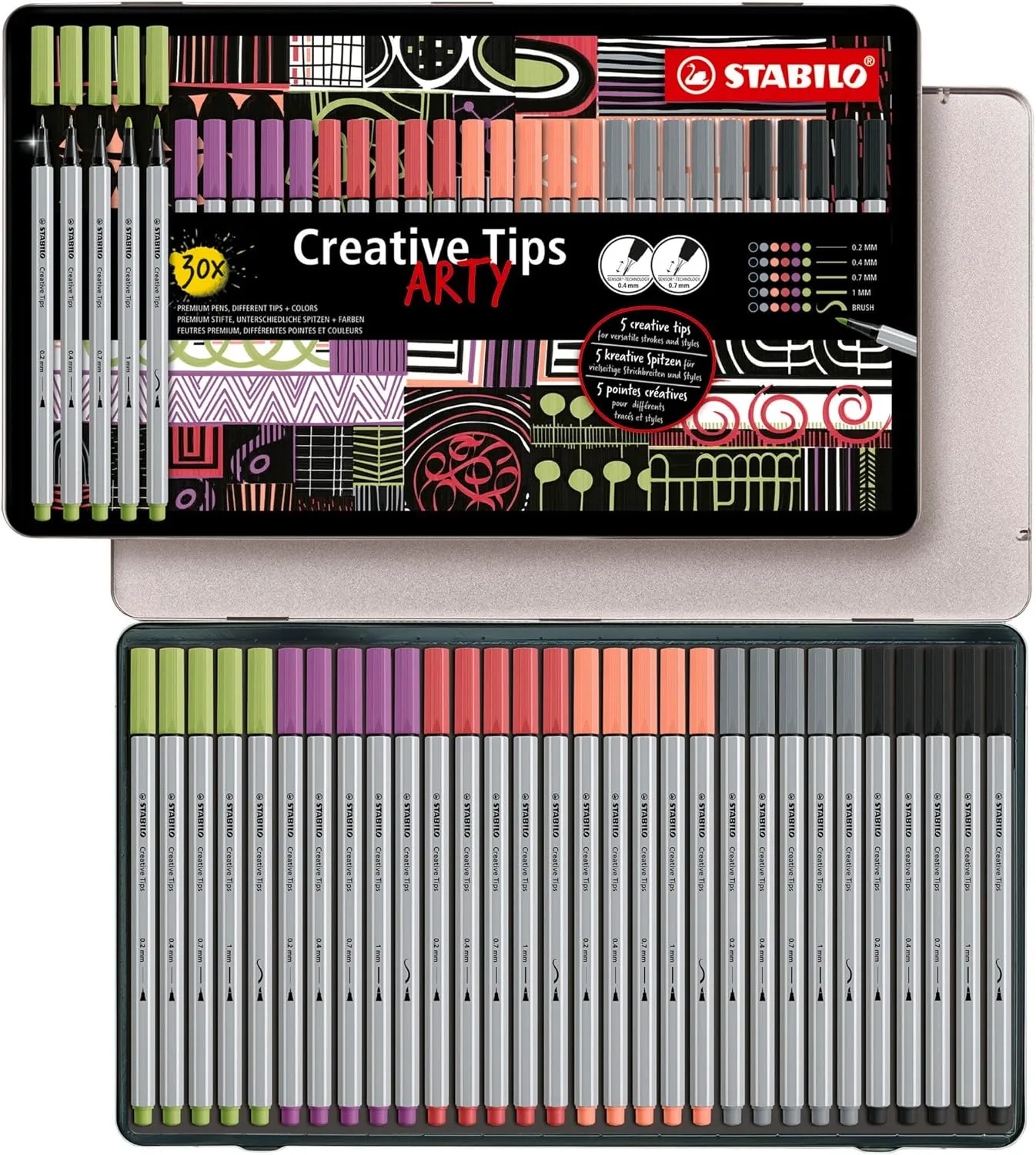STABILO Multi-Tip Pen Set Creative Tips - 30 Piece ARTY Metal Tin Set - 6 Pastel Colors - Technical drawing, illustration