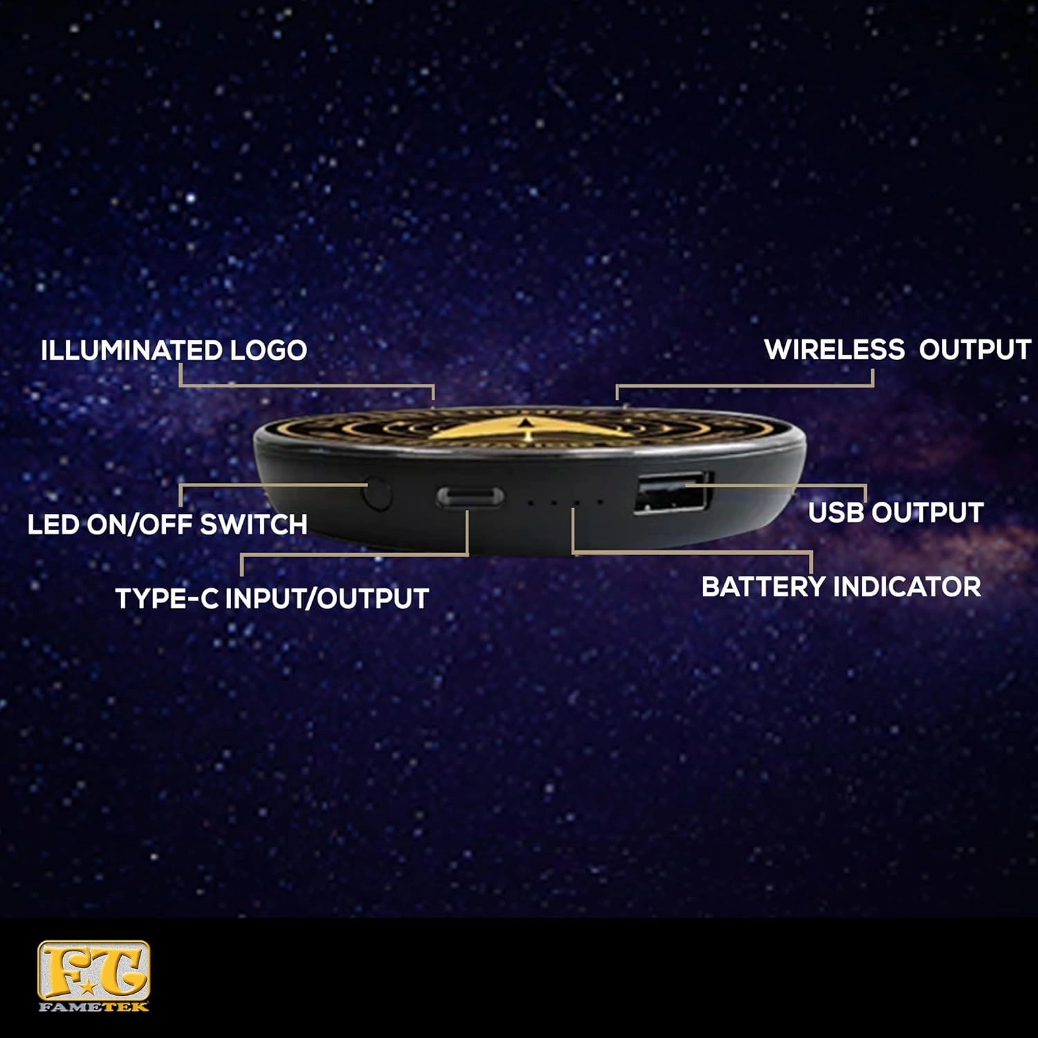 Star Trek Strange New Worlds Illuminating Wireless Charger with Built-in Backup Battery Pack for Wired and Wireless Charging. Portable Phone Charger with Orange Enterprise Emblem Light-Up Logo