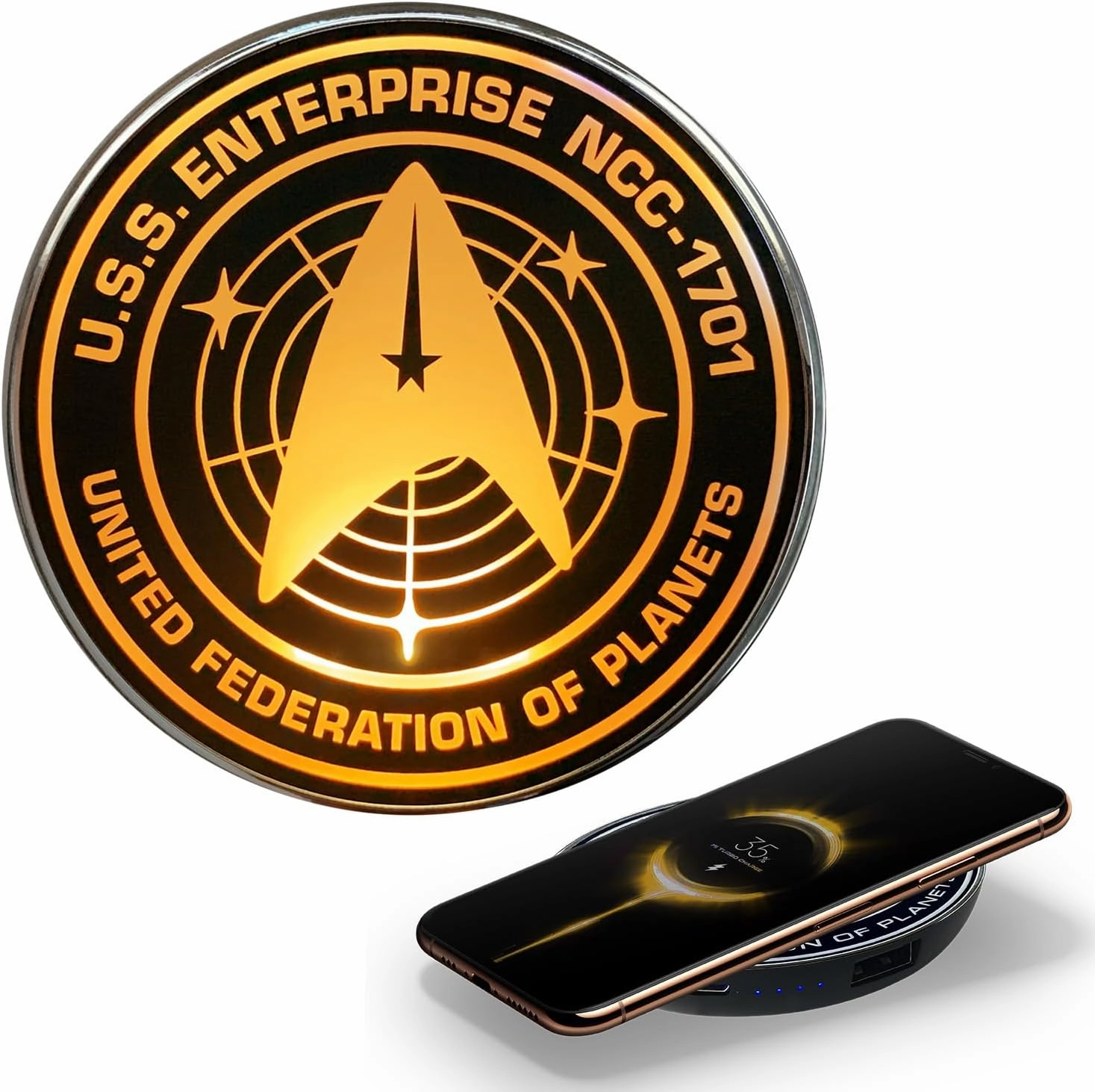 Star Trek Strange New Worlds Illuminating Wireless Charger with Built-in Backup Battery Pack for Wired and Wireless Charging. Portable Phone Charger with Orange Enterprise Emblem Light-Up Logo