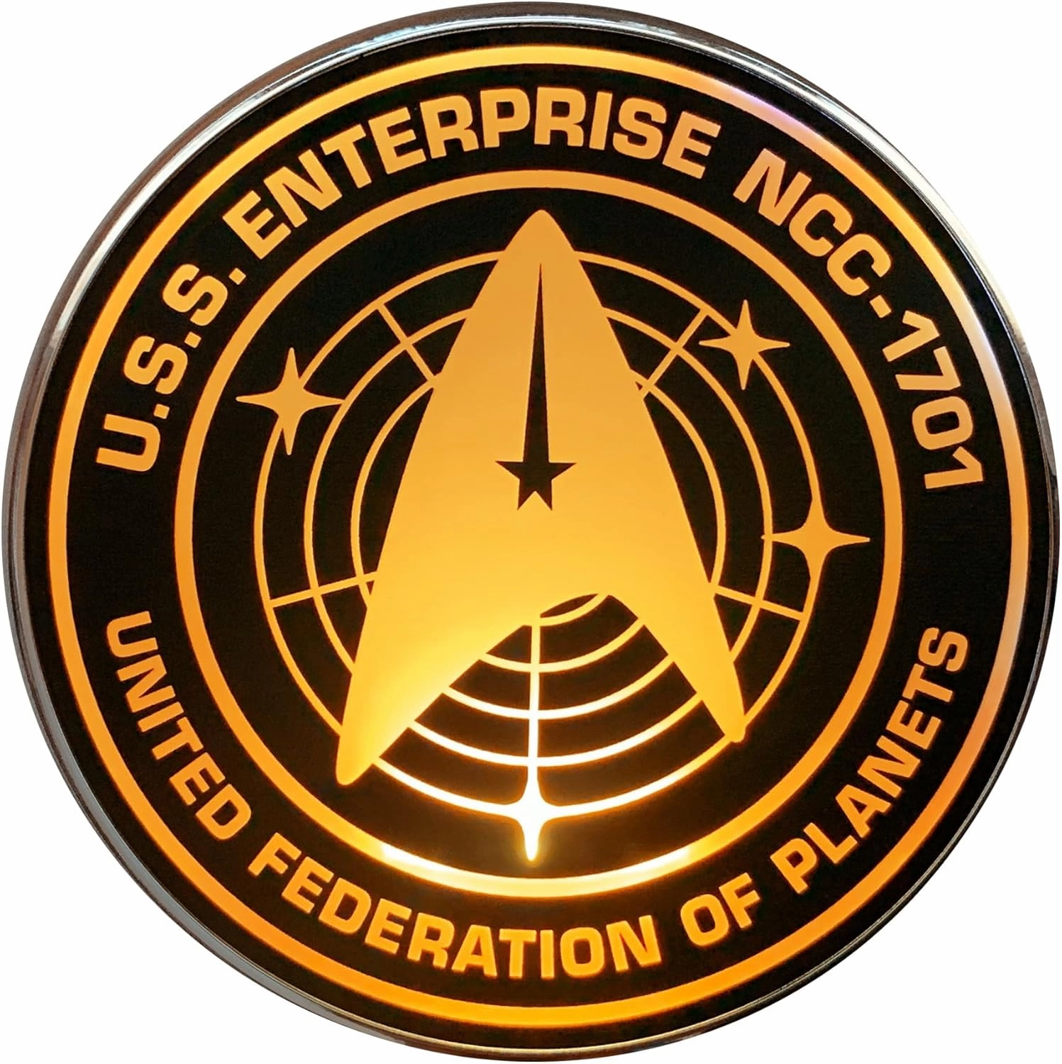Star Trek Strange New Worlds Illuminating Wireless Charger with Built-in Backup Battery Pack for Wired and Wireless Charging. Portable Phone Charger with Orange Enterprise Emblem Light-Up Logo