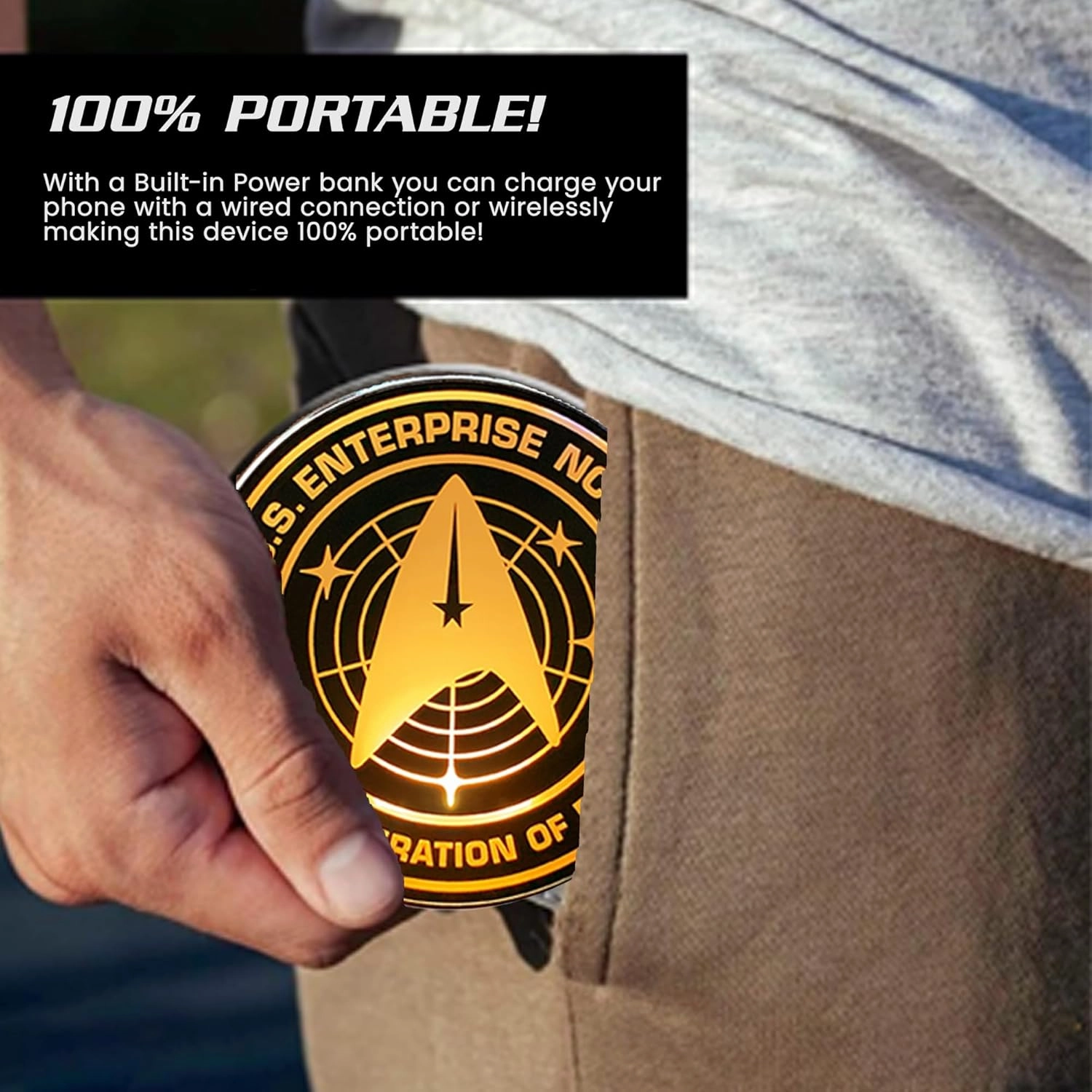 Star Trek Strange New Worlds Illuminating Wireless Charger with Built-in Backup Battery Pack for Wired and Wireless Charging. Portable Phone Charger with Orange Enterprise Emblem Light-Up Logo