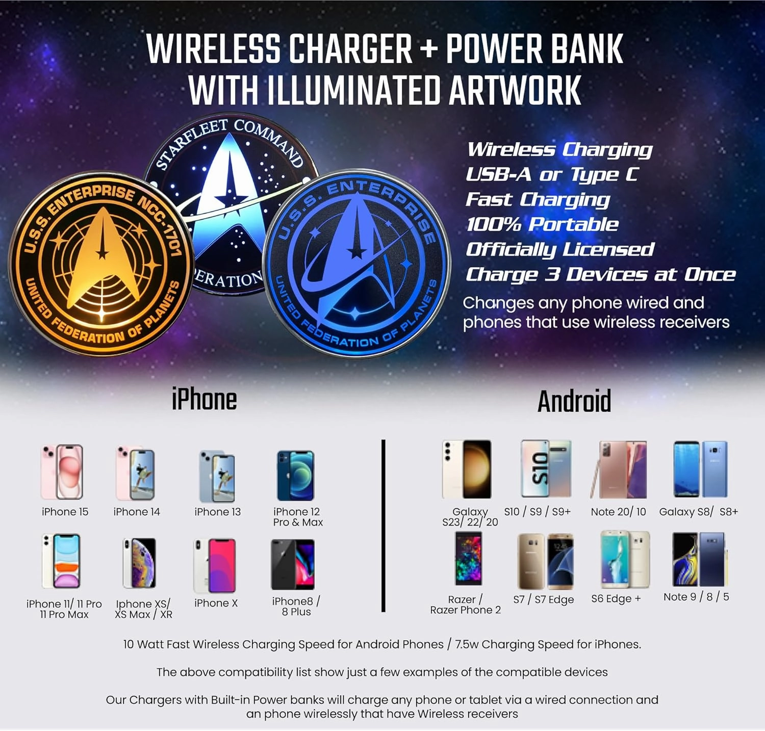 Star Trek Strange New Worlds Illuminating Wireless Charger with Built-in Backup Battery Pack for Wired and Wireless Charging. Portable Phone Charger with Orange Enterprise Emblem Light-Up Logo