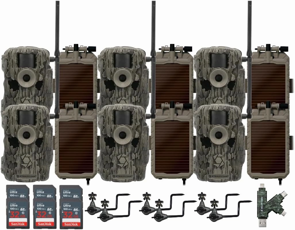 Stealth Cam 36MP Fusion Max Cellular Trail Camera (6-Pack) Bundle with 6X Lithium Solar Power Panel, 6X Trail Camera Holder, 6X 32GB Memory Card, and Card Reader (25 Items)