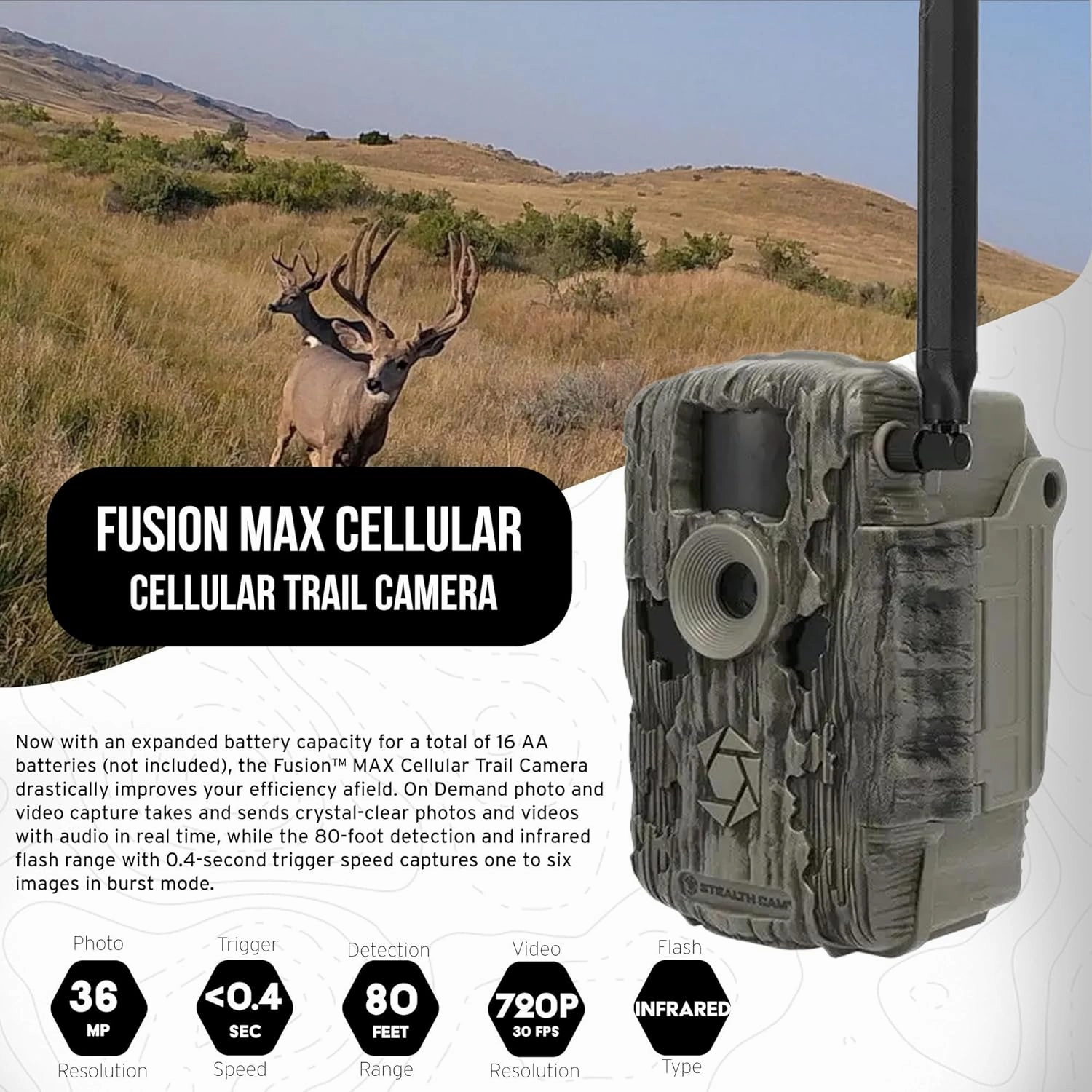 Stealth Cam 36MP Fusion Max Cellular Trail Camera (6-Pack) Bundle with 6X Lithium Solar Power Panel, 6X Trail Camera Holder, 6X 32GB Memory Card, and Card Reader (25 Items)