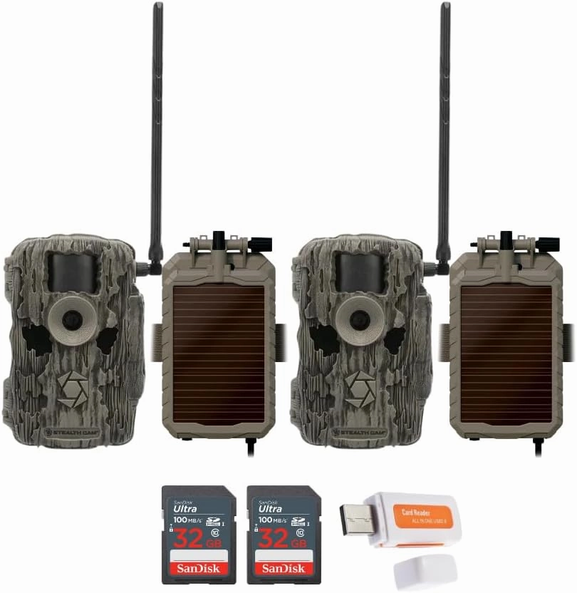 Stealth Cam 36MP Fusion Max Cellular Trail Camera with 80 Feet Detection Range (2-Pack) Bundle with Battery Pack, Solar Panel, and Cable (2-Pack), 32GB Memory Card (2-Pack), and Card Reader (7 Items)