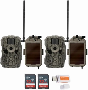 Stealth Cam 36MP Fusion Max Cellular Trail Camera with 80 Feet Detection Range (2-Pack) Bundle with Battery Pack, Solar Panel, and Cable (2-Pack), 32GB Memory Card (2-Pack), and Card Reader (7 Items)