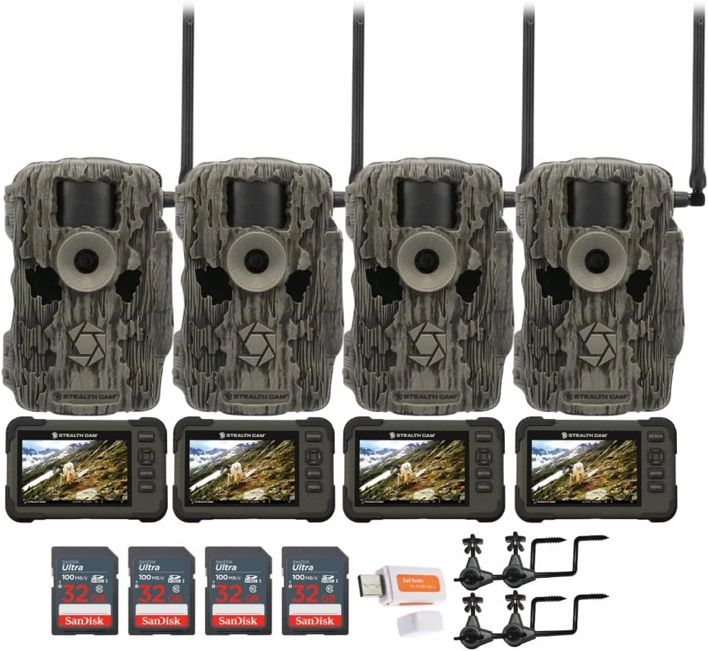 Stealth Cam 36MP Fusion Max Cellular Trail Camera with 80 Feet Detection Range (4-Pack) Bundle with SD Card Viewer (4-Pack), Camera Holder (4-Pack), Memory Card (4-Pack), and Card Reader (17 Items)
