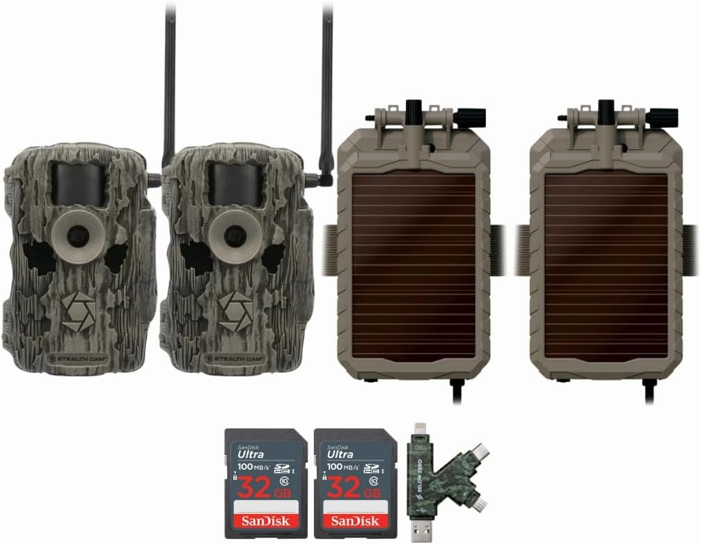 Stealth Cam Fusion MAX Dual Sim 36MP Trail Camera (2-Pack) Bundle with Stealth Cam Solar Battery, 32GB Memory Card, and Card Reader (6 Items)