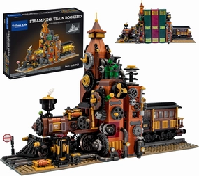 Steampunk Train Bookend Building Block Set, Creative Bookend and Bricks Building Set, Light Module Included, Rich Details with Mechanic Parts (1252pcs)