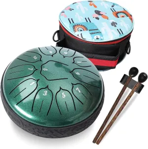 Steel Tongue Drum 11 Notes 6 inch Handpan Drum Percussion Instruments with Mallets Bag for Meditation Musical Education Concert Party Gifts - Green