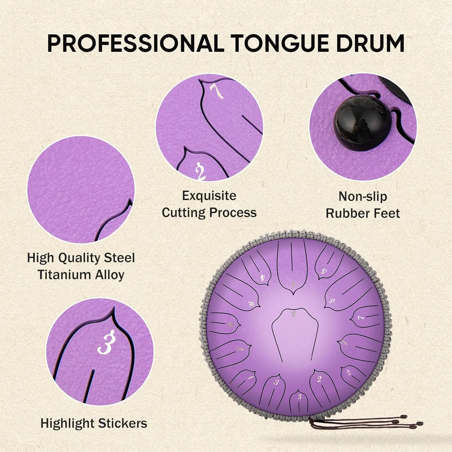 Steel Tongue Drum 12 Inch 15 Notes: Handpan Drums Set with Music Book Mallets Carry Bag - Hand Pan Instrument for Adults Musical Education Meditation Yoga Chakra (Purple)