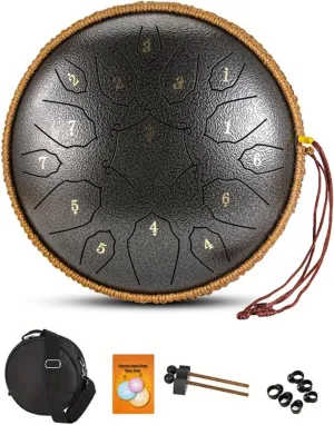 Steel Tongue Drum - 15 Note 12 Inch D Minor Tongue Drum, Adult's Steel Drum Instrument - Hand Pan Drums with Music Book, Steel Handpan Drum Mallets and Carry Bag