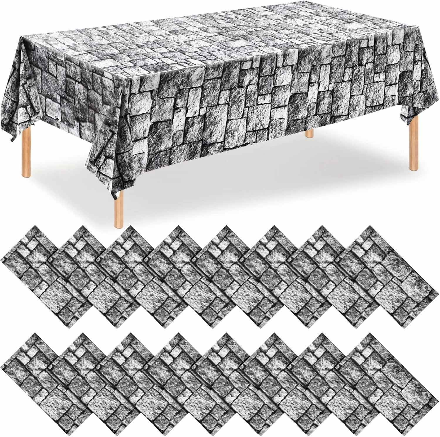 Stone Wall Tablecloths, Medieval Themed Party Decorations Supplies Disposable Plastic Brick Stone Tablecloth Castle Brick Wall Table Covers for Halloween Birthday Party Favors(108 x 54 Inch, 16 Pack)