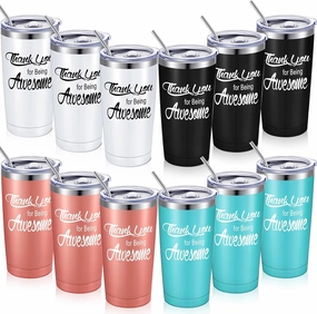 Suclain Thank You Gifts Employee Appreciation Gifts Thank You for Being Awesome Tumbler 20 oz Stainless Steel with Lid Straw for Women Men Graduation(Light Blue, Rose Gold, Black, White,12 Sets)