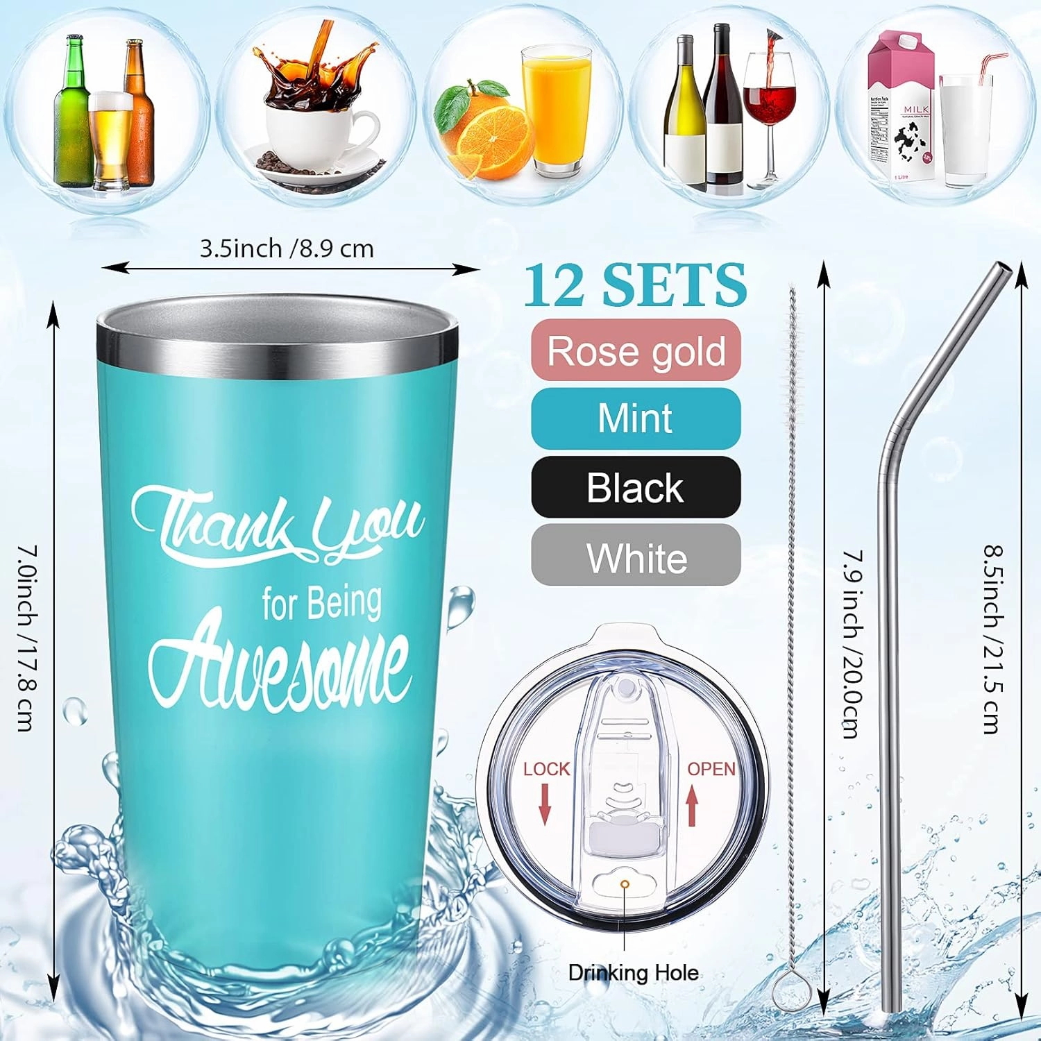 Suclain Thank You Gifts Employee Appreciation Gifts Thank You for Being Awesome Tumbler 20 oz Stainless Steel with Lid Straw for Women Men Graduation(Light Blue, Rose Gold, Black, White,12 Sets)
