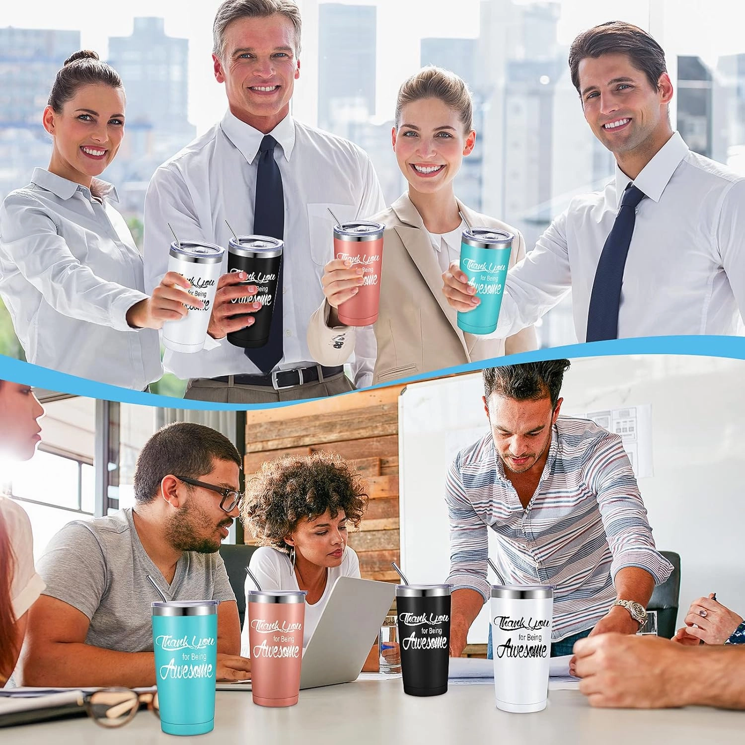 Suclain Thank You Gifts Employee Appreciation Gifts Thank You for Being Awesome Tumbler 20 oz Stainless Steel with Lid Straw for Women Men Graduation(Light Blue, Rose Gold, Black, White,12 Sets)