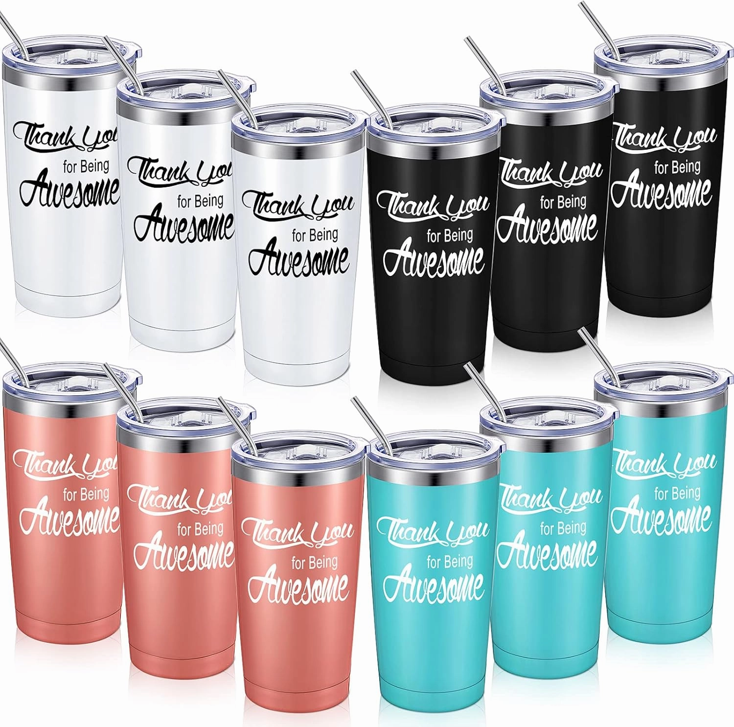 Suclain Thank You Gifts Employee Appreciation Gifts Thank You for Being Awesome Tumbler 20 oz Stainless Steel with Lid Straw for Women Men Graduation(Light Blue, Rose Gold, Black, White,12 Sets)