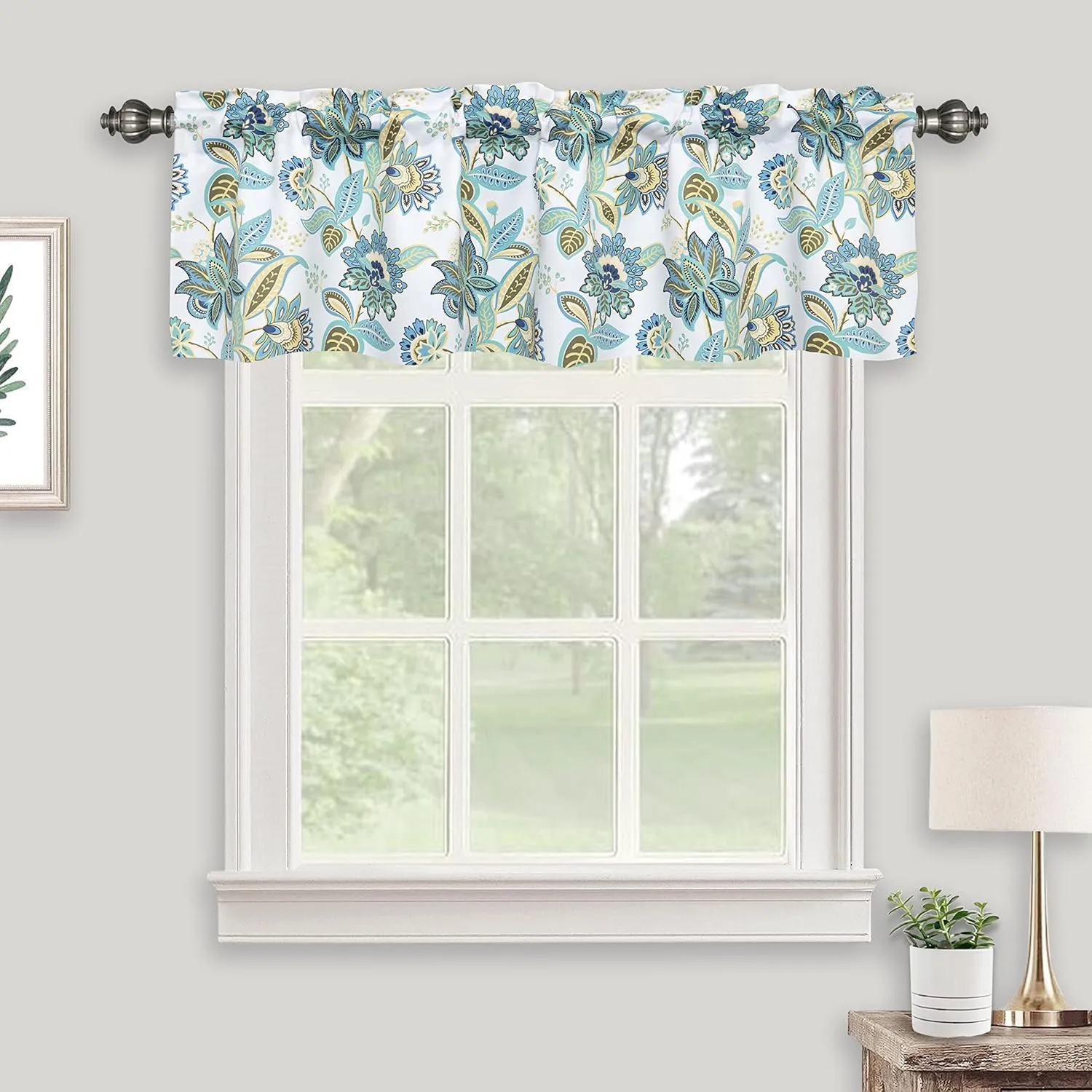 Summer Green Floral Valances for Windows, Multicolor Flower Room DarkeningRod Pocket Small Curtains Valance for Kitchen Cafe Living Room Bathroom 52" x 14", Turquoise Blue/Green