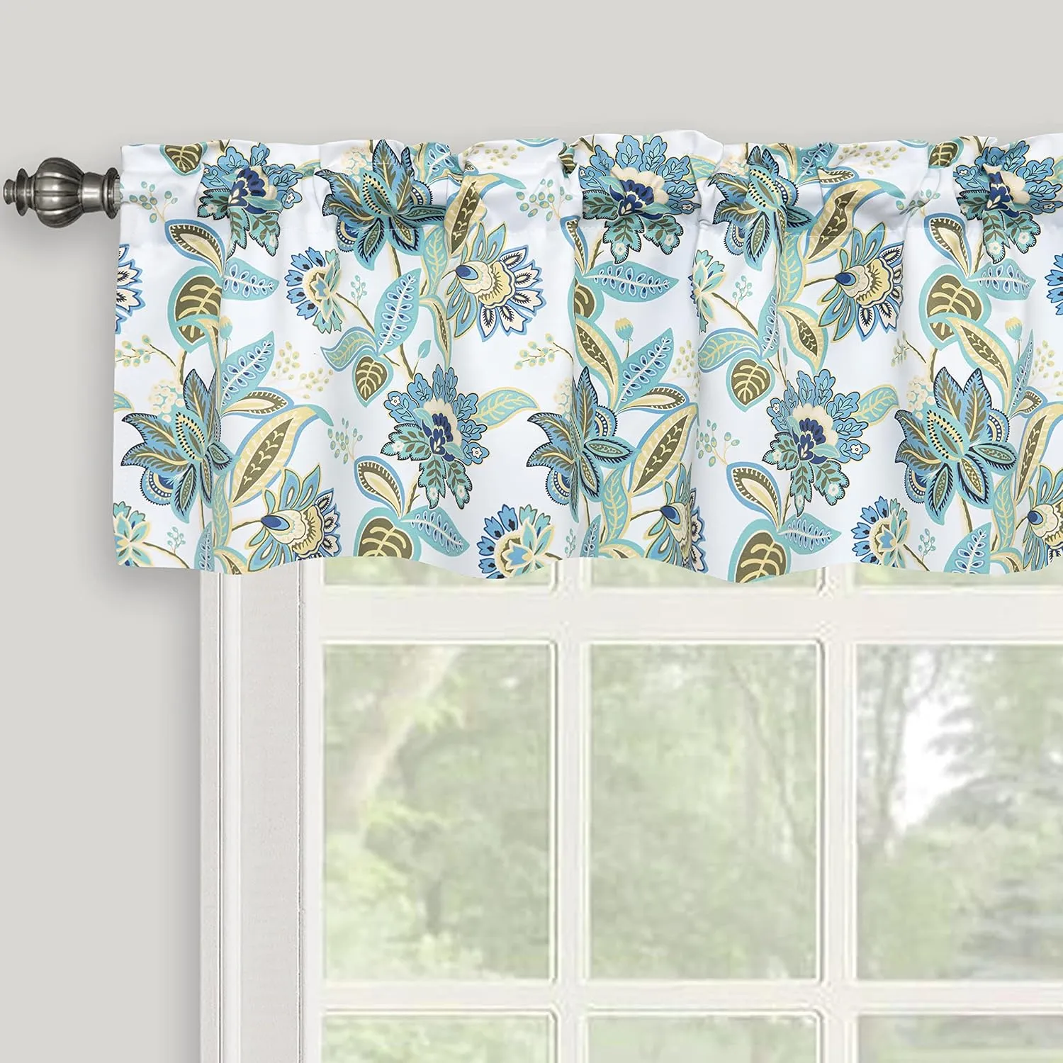 Summer Green Floral Valances for Windows, Multicolor Flower Room DarkeningRod Pocket Small Curtains Valance for Kitchen Cafe Living Room Bathroom 52" x 14", Turquoise Blue/Green