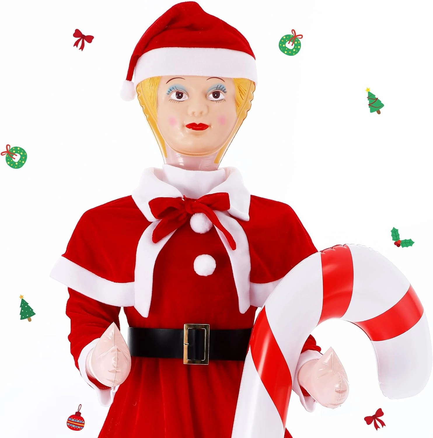 Summer Christmas Blow up Dolls Set Include 59 Inch Inflatable Doll Red Santa Costume Inflatable Candy Cane Black Belt for Christmas Bachelor Party Accessories Gag Gifts Photo Props