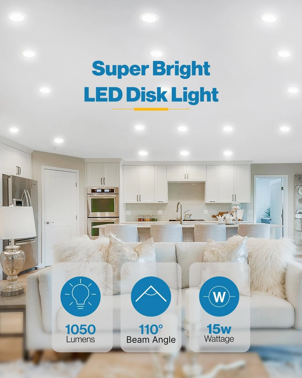 Sunco 5/6 Inch LED Disk Lights, Flush Mount Disc Recessed Ceiling Can Lighting, 1050 LM, 3000K Warm White, Dimmable, 15W=75W, Damp Rated ETL 4 Pack
