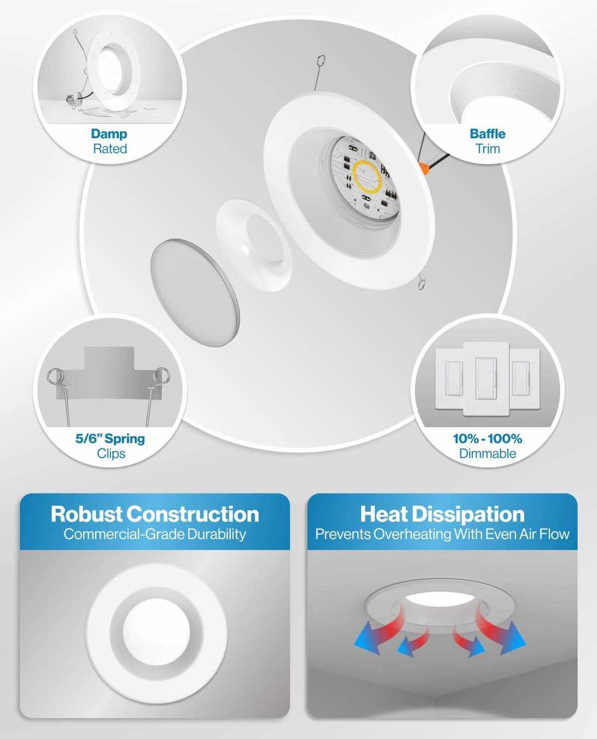 Sunco Retrofit LED Recessed Lighting 6 Inch, Downlight Can Lights for Ceiling, Baffle Trim, 965 LM, 13W (120W Equivalent), 4000K Cool White, Dimmable, Damp Rated UL 4 Pack.