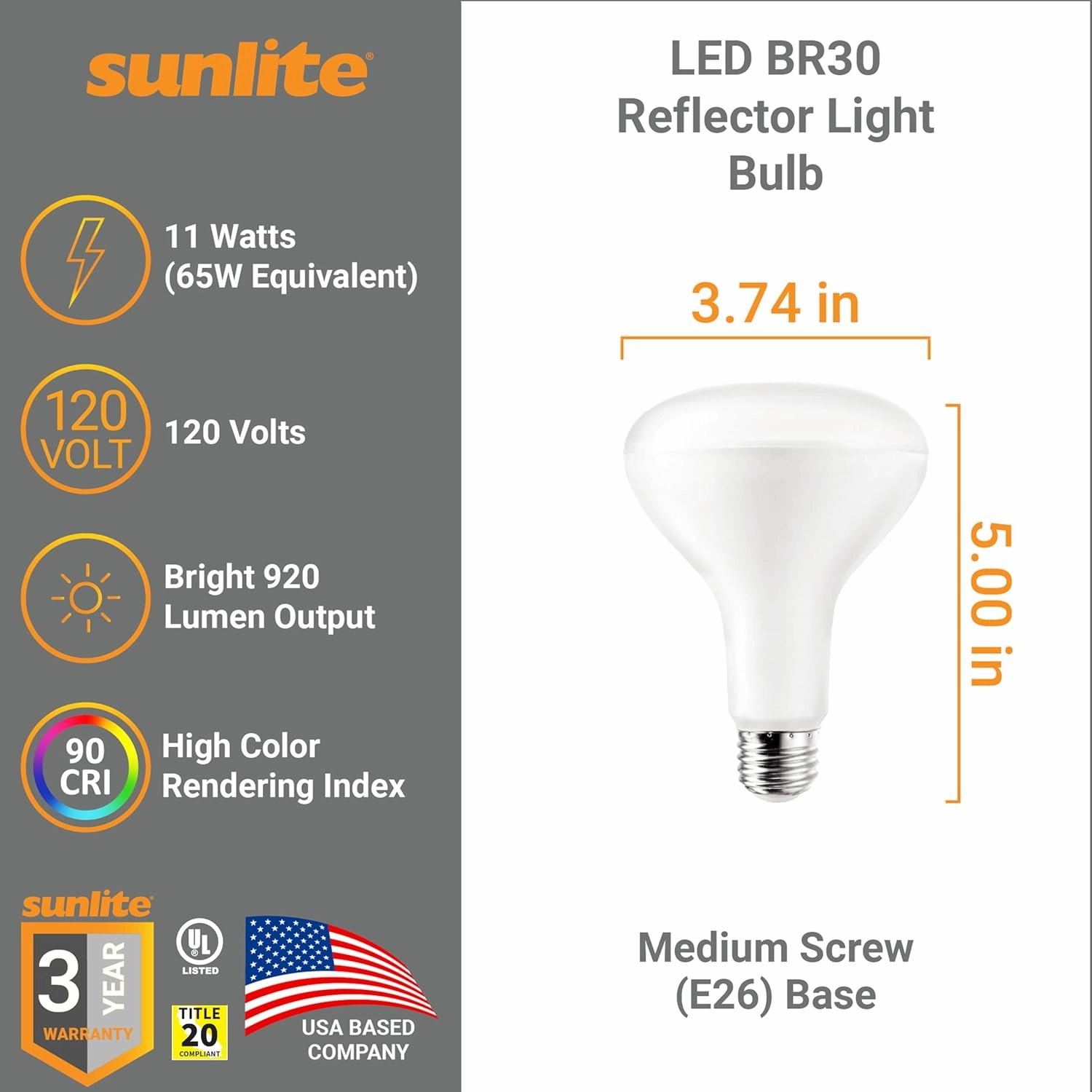 Sunlite LED BR30 Reflector Light Bulb, 11 Watts (65W=), 120V, 920 Lumens, 90 CRI, Medium E26 Base, Dimmable, Wide Flood, UL Listed, Title-20 Compliant, 6 Count, 3000K Warm White