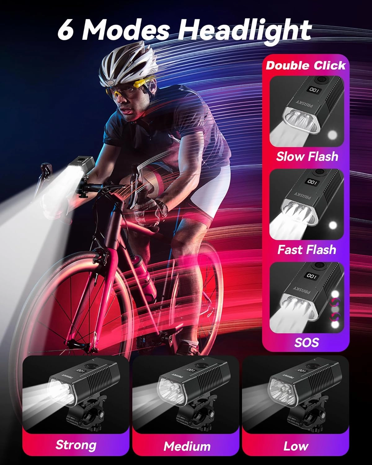 Super Bright Bike Lights for Night Riding, USB Rechargeable Mountain Bicycle Headlight, Waterproof, 6 4 Light Modes Bike Light Set for Cyclists and Commuters
