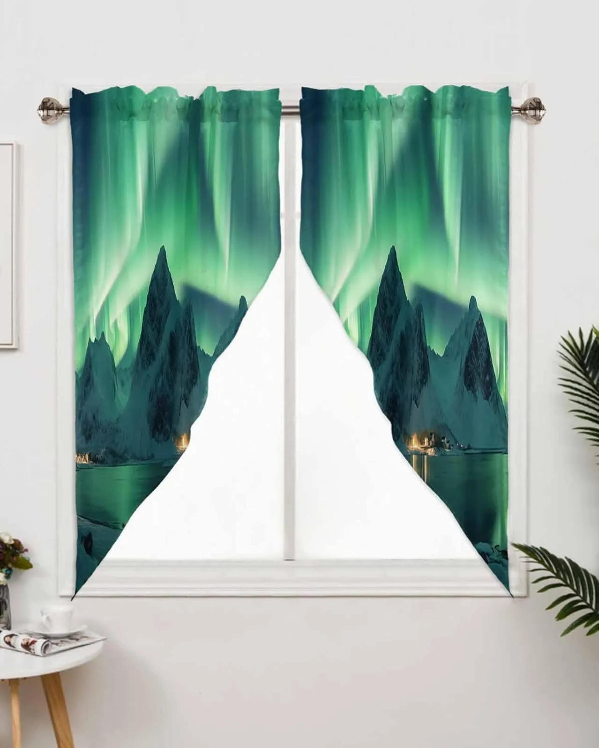 Swag Curtains, Winter Polar Lights Ice Islands Ocean Scenery Light Green Rod Pocket Window Topper Curtains Valances for Kitchen Bedroom Living Room 2 Panel, 36"x36"