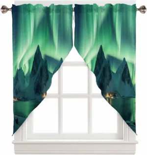 Swag Curtains, Winter Polar Lights Ice Islands Ocean Scenery Light Green Rod Pocket Window Topper Curtains Valances for Kitchen Bedroom Living Room 2 Panel, 36"x36"