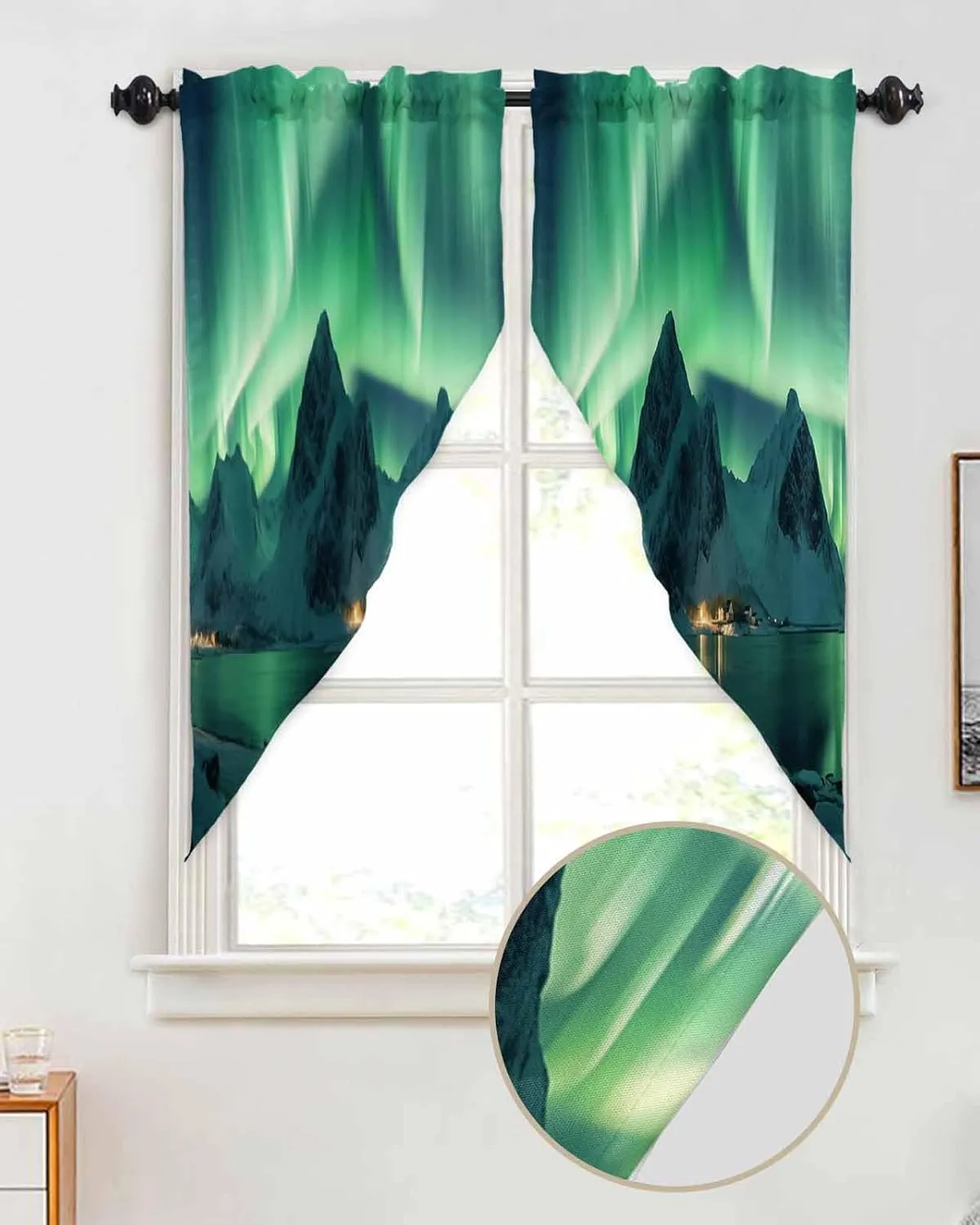 Swag Curtains, Winter Polar Lights Ice Islands Ocean Scenery Light Green Rod Pocket Window Topper Curtains Valances for Kitchen Bedroom Living Room 2 Panel, 36"x36"