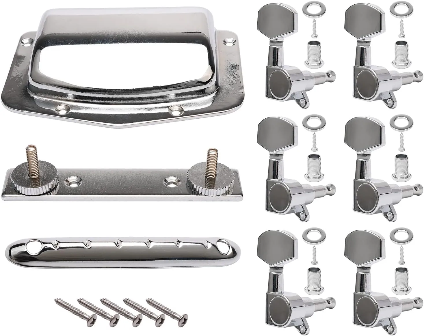 Swhmc Guitar Adjustable Fixed Bridge Tailpiece with 6R Tuning Pegs Include Bridge Tailpiece Cover and Mounting Screws for Vintage Teisco Electric Guitar