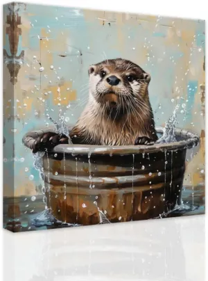 SWQYLB Sea Otter Wall Art Sea Otter in Bathtub Canvas Pictures Funny Bathroom Animals Poster Prints Baby Animal Bathroom Decor Framed (12.00"x12.00")