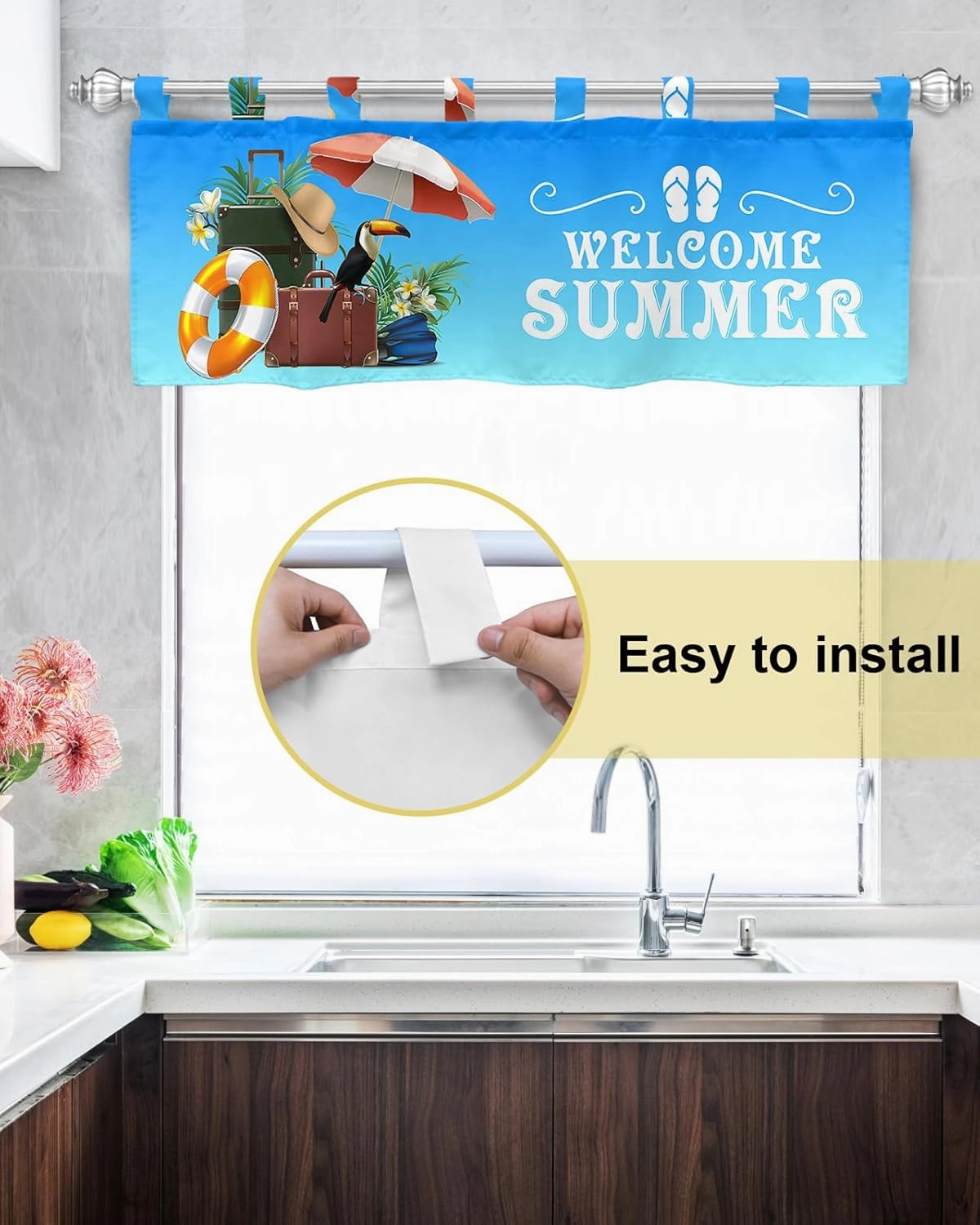 Tab Top Curtains 42 Inches Long - Semi Sheer Curtain Valances for Window Welcome Summer Handbag Swim Ring Hat Holiday Blue Valances Washable Window Treatments Panels for Living Room Bedroom,42x18 Inch