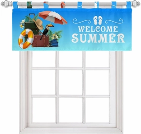 Tab Top Curtains 42 Inches Long - Semi Sheer Curtain Valances for Window Welcome Summer Handbag Swim Ring Hat Holiday Blue Valances Washable Window Treatments Panels for Living Room Bedroom,42x18 Inch