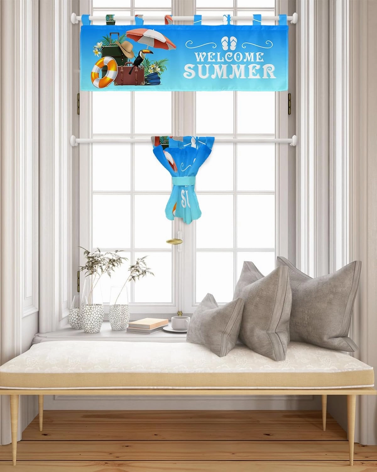 Tab Top Curtains 42 Inches Long - Semi Sheer Curtain Valances for Window Welcome Summer Handbag Swim Ring Hat Holiday Blue Valances Washable Window Treatments Panels for Living Room Bedroom,42x18 Inch