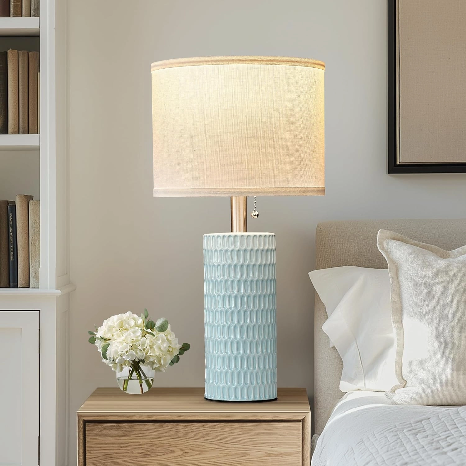 Table Lamps for Living Room Set of 2, Ceramic Table Lamps for Bedroom, 20" Modern Lamps for Night Stands, Blue