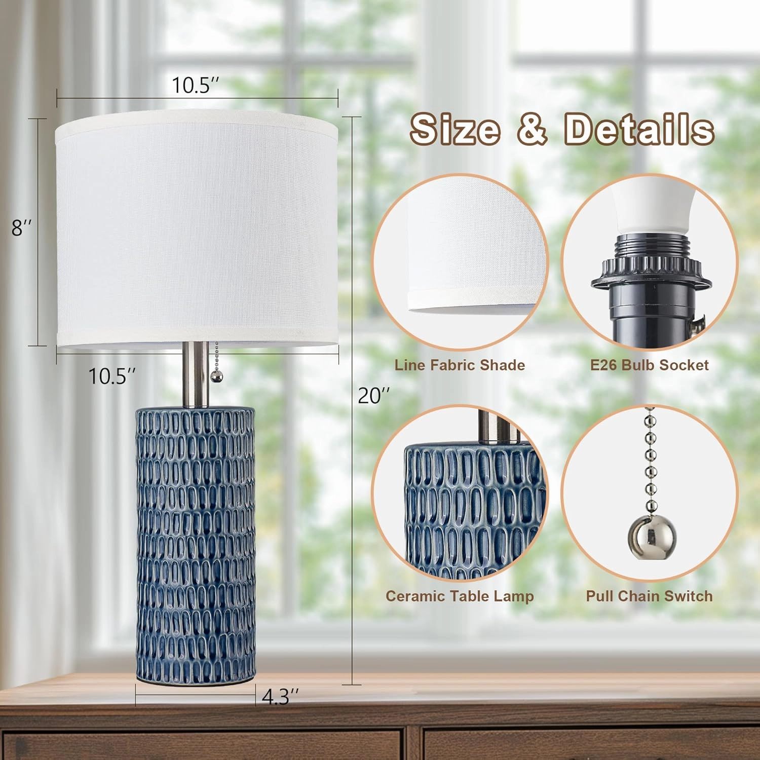 Table Lamps for Living Room Set of 2, Ceramic Table Lamps for Bedroom, 20" Modern Lamps for Night Stands, Dark Blue