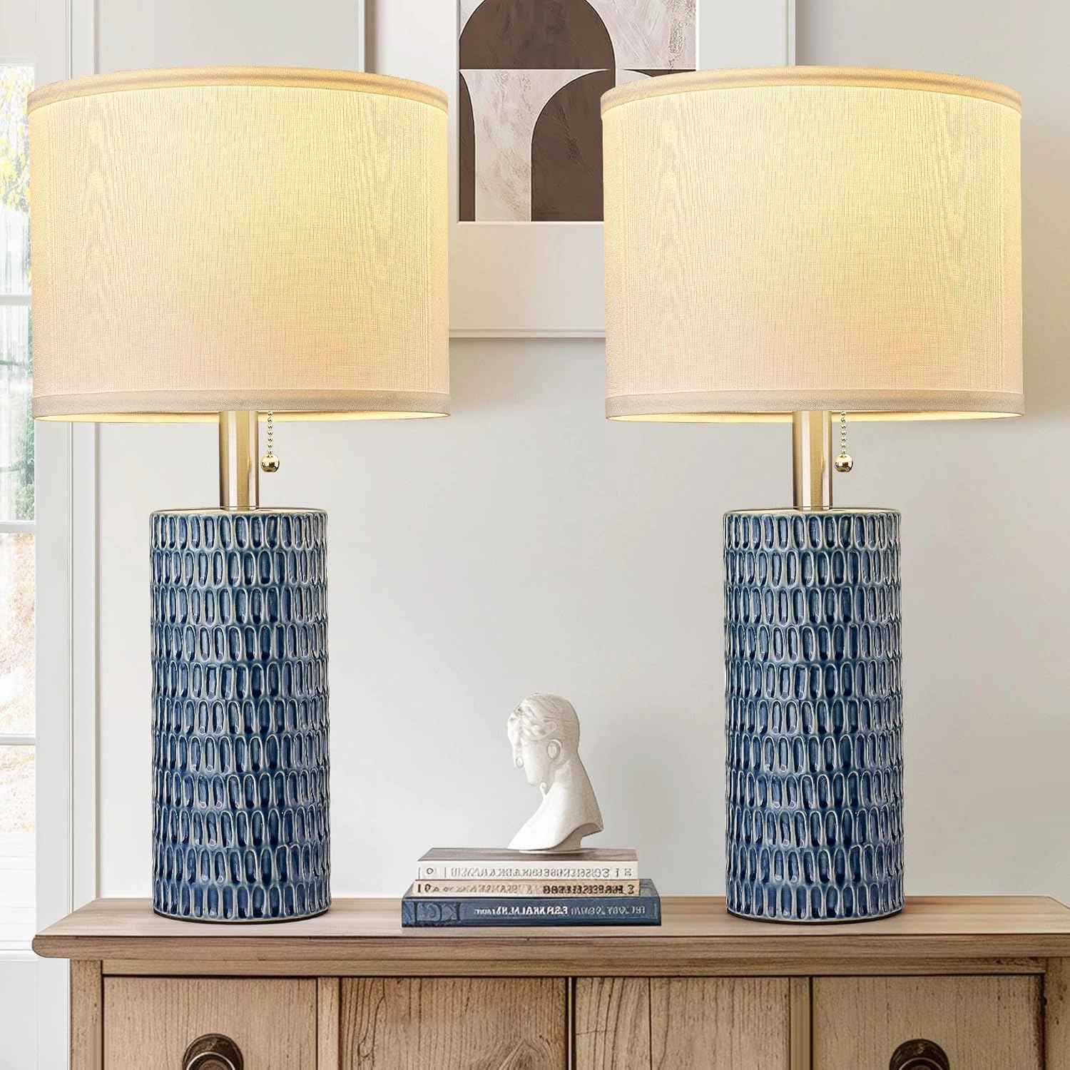 Table Lamps for Living Room Set of 2, Ceramic Table Lamps for Bedroom, 20" Modern Lamps for Night Stands, Dark Blue
