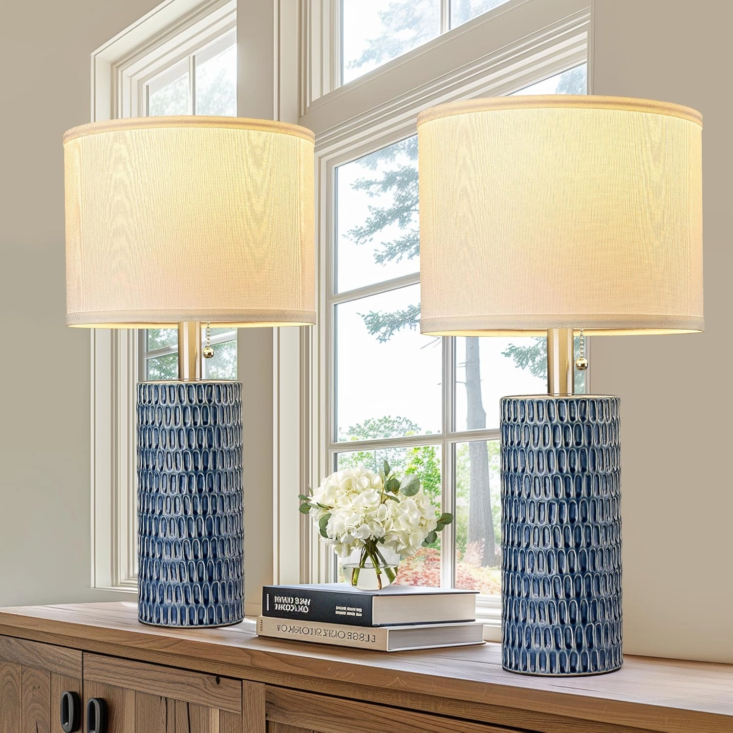 Table Lamps for Living Room Set of 2, Ceramic Table Lamps for Bedroom, 20" Modern Lamps for Night Stands, Dark Blue